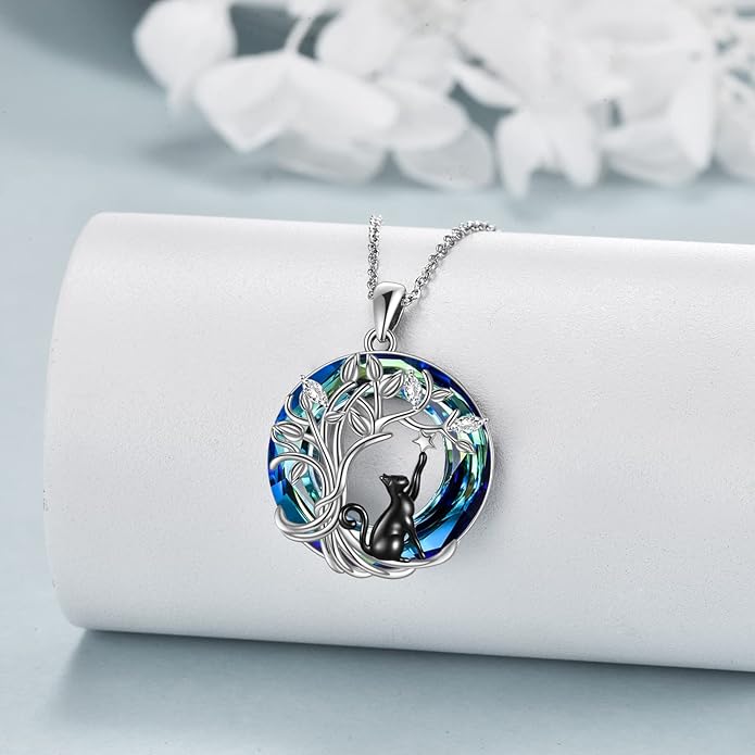 925Sterling Silver Moon Black Cat Necklace for Women Tree of Life Cat Jewelry for Women Abalone Necklace for Cat Lover Birthday