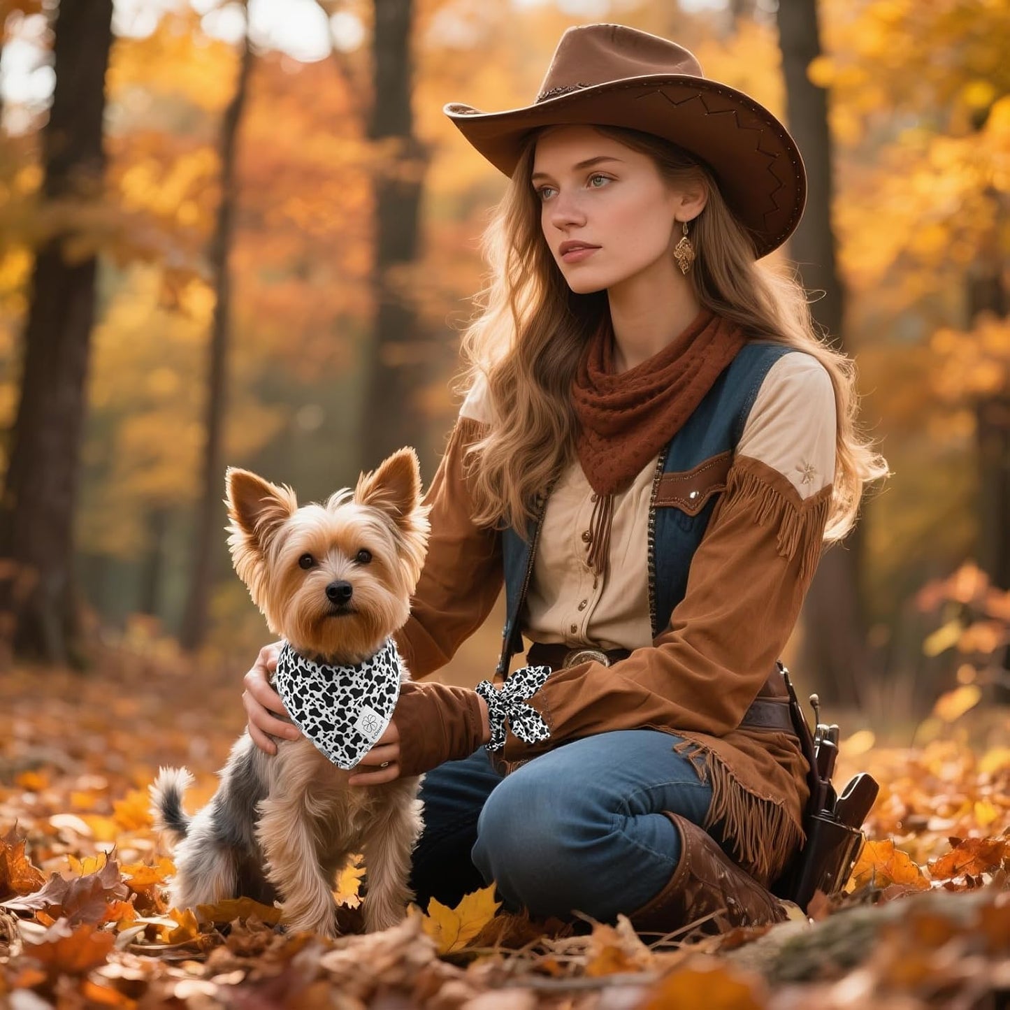 E-Clover Cow Print Dog Bandanas & Matching Scrunchie Set Fall Cowboys Theme Dog Scarf Bibs Pet Bandana with Bow Tie for Medium Large Dogs Owner Mom Black White
