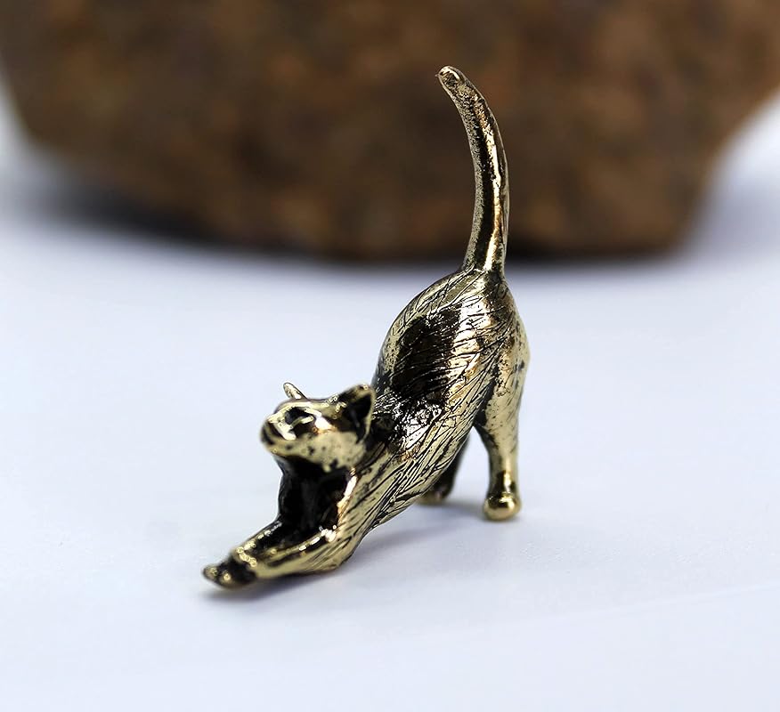 Stretching Cat Figurine Hand-Casted in Brass Small Kitten Miniature Collectible Gift for Cat Lovers Tiny Metal Decorative Trinket