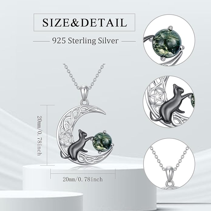 Black Cat/Dragon/Fox/Wolf Necklace 925 Sterling Silver Celtic Moon Pentagram Pendant Gothic Jewelry Goth Halloween Gifts for Women