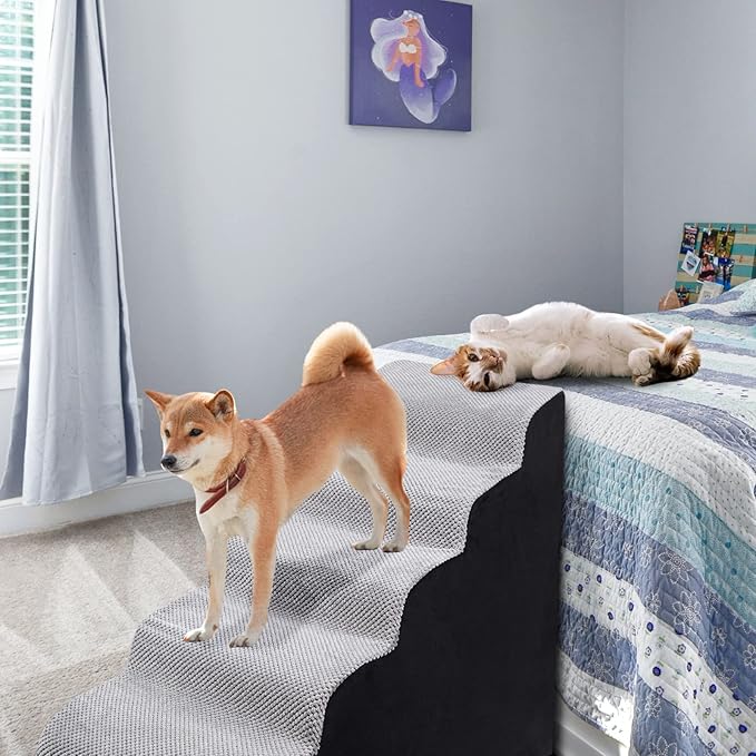 Dog Steps&Stairs for High Beds 24.4 inches High Up to 24-28 inches Bed, Tall Extra Wide Pet Stairs/Steps for High Bedsides,Non-Slip Dog Ramps for Small Older Dogs/Cats(Grey)