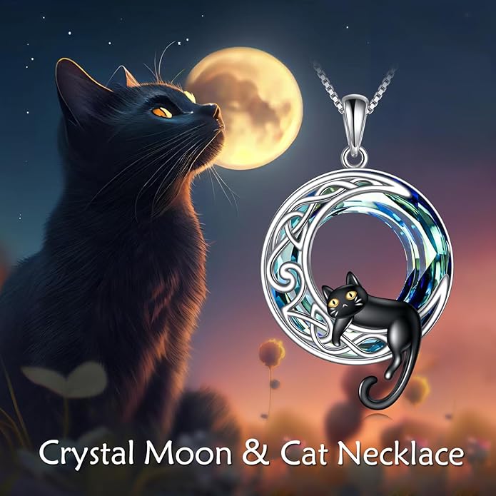 AOBOCO Cat Necklace Sterling Silver Bat Black Cat Quartz Cat Necklace Ghost Pumpkin Pentagram Witch Pendant Necklace Halloween Gifts for Women