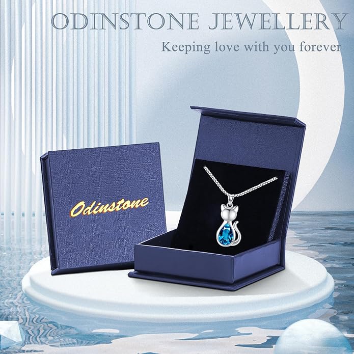 Odinstone Cat Birthstone Necklaces Jewelry Sterling Silver Cat Pendant Necklace Gift for Women Gifts, 18'' Silver Box Chain Women's Birthstone Crystal Cat Jewelry Gifts