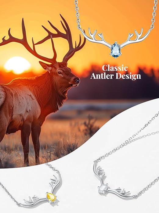 Silvora 925 Sterling Silver Deer Antler Necklace, Antler Deer Jewelry Antler Pendant Choker Birthstone Necklace Christmas Jewelry for Women