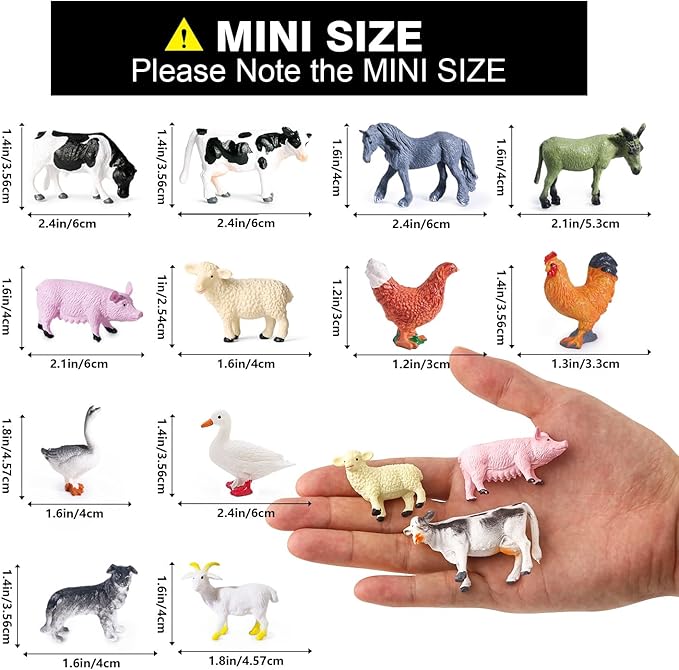 SIENON 12Pcs Mini Farm Animal Figurines, Plastic Realistic Cattle Barn Figures Toys, Miniature Farm Cake Topper Educational Learning Playset for Kids Toddlers