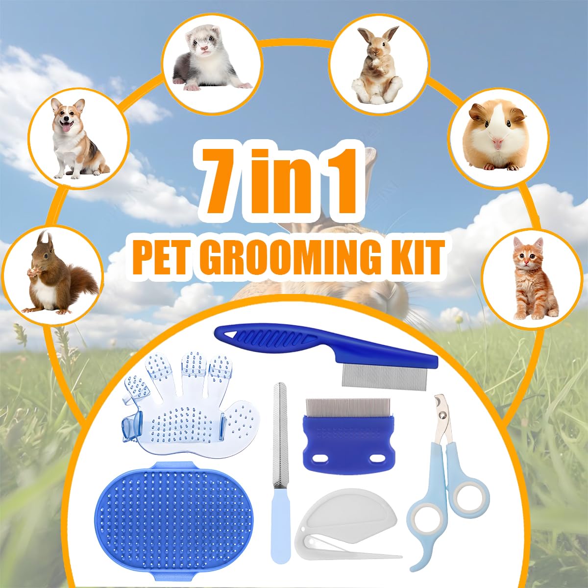 Rabbit Grooming Kit – Bunny Grooming Kit with Shedding Brush, Nail Clippers & Comb – Small Animal Grooming Supplies for Rabbits, Guinea Pigs, Hamsters, Ferrets - Small Pet Shedding & Care (Blue)