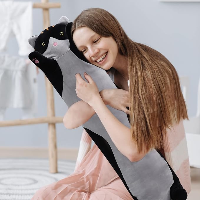shangman Lovely Plush Cat Doll Cute Cartoon Soft Stuffed Kitten Pillow Long Throw Sleeping Pillow Doll Toy Valentines Day Gift for Kids Girlfriend (Black, 130cm/51.1in)