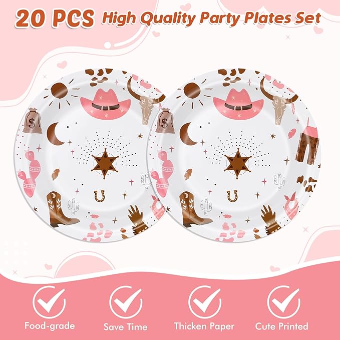 Western Cowgirl Birthday Party Supplies - Wild West Theme Decoration Tableware Include 20 Plates, Napkins and Tablecloth (Serve 20)