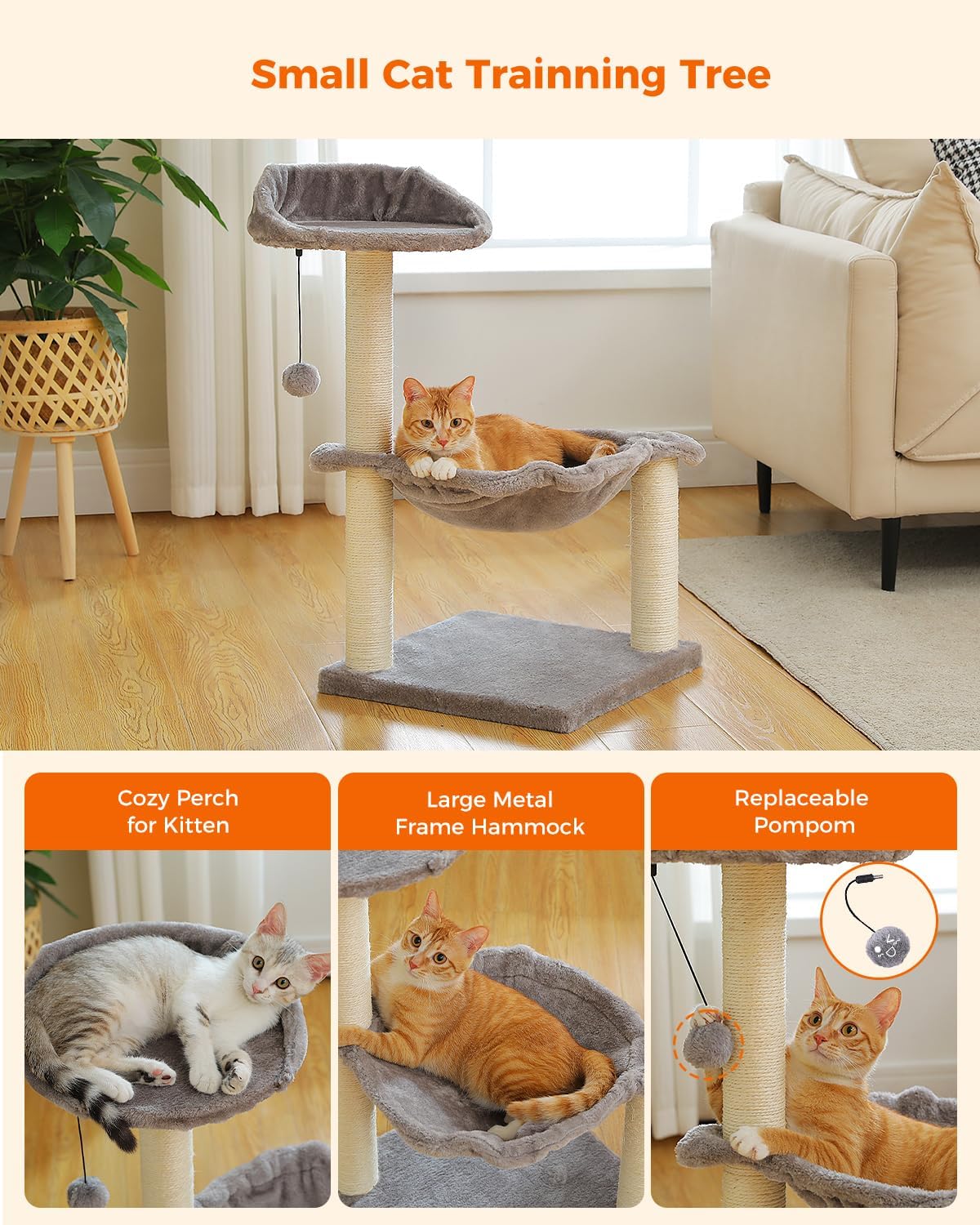 Cat Tree 28", Cat Scratching Post with 15.7" Large Cat Hammock Bed for Indoor Small Cats, Grey