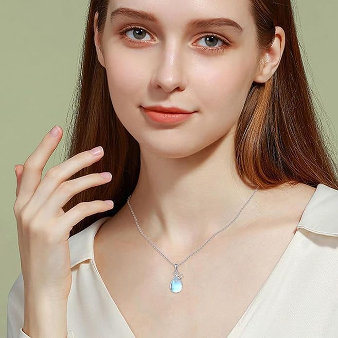 CRMAD Daisy/Black Cat/Dragonfly/Daffodil/Hummingbird/Stingray/Phoenix Feather/Rose Necklace Sterling Silver Moonstone Teardrop Pendant Necklace Flower Animal Jewelry Gifts for Women