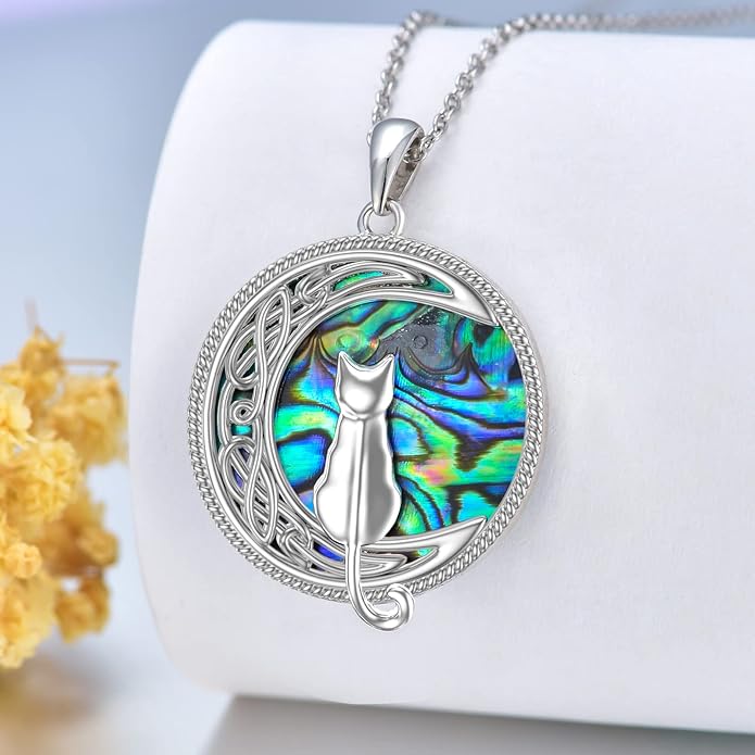 TOUPOP Cat Necklace Sterling Silver Abalone Shell Celtic Cat on the Moon with Abalone Shell Birthday Christmas Jewelry Gifts for Women