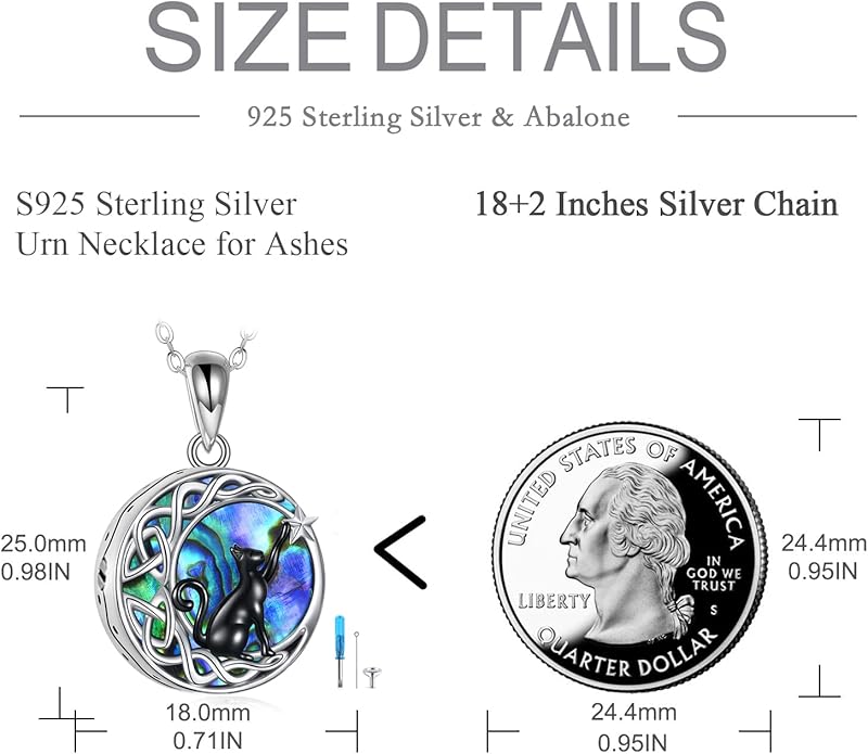 925Sterling Silver Moon Black Cat Necklace for Women Tree of Life Cat Jewelry for Women Abalone Necklace for Cat Lover Birthday