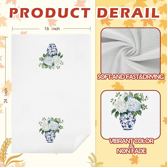 SPBL&L Blue Hydrangea Chinoiserie Kitchen Towels, White Floral Dish Towels, Hand Towels for Bathroom, Grandmillennial Decor, 16x24 Inch