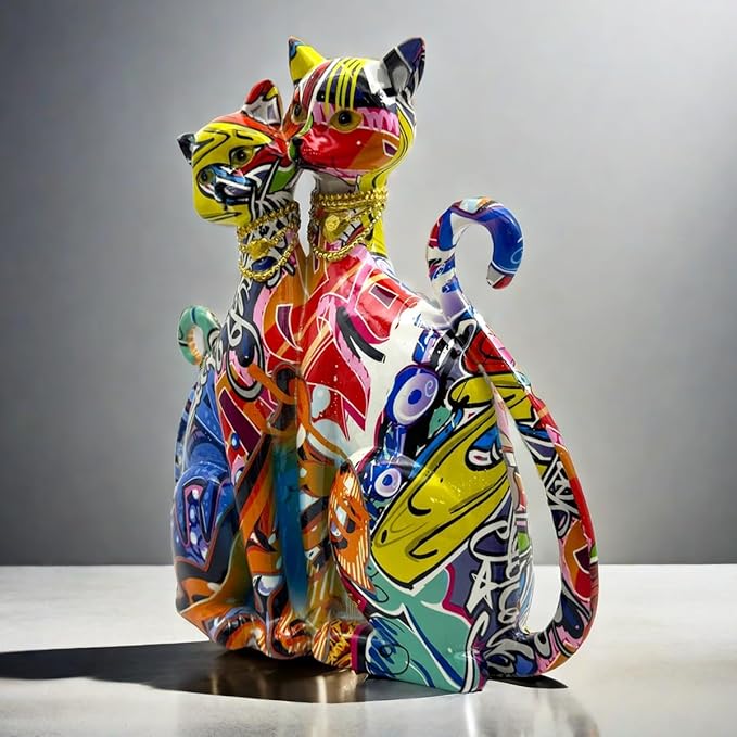 Colorful Cat Couple Lover Art Statue Figurine Sculpture, Cats Gifts for Cat Lover, Office Home Decor, Desk Accessories
