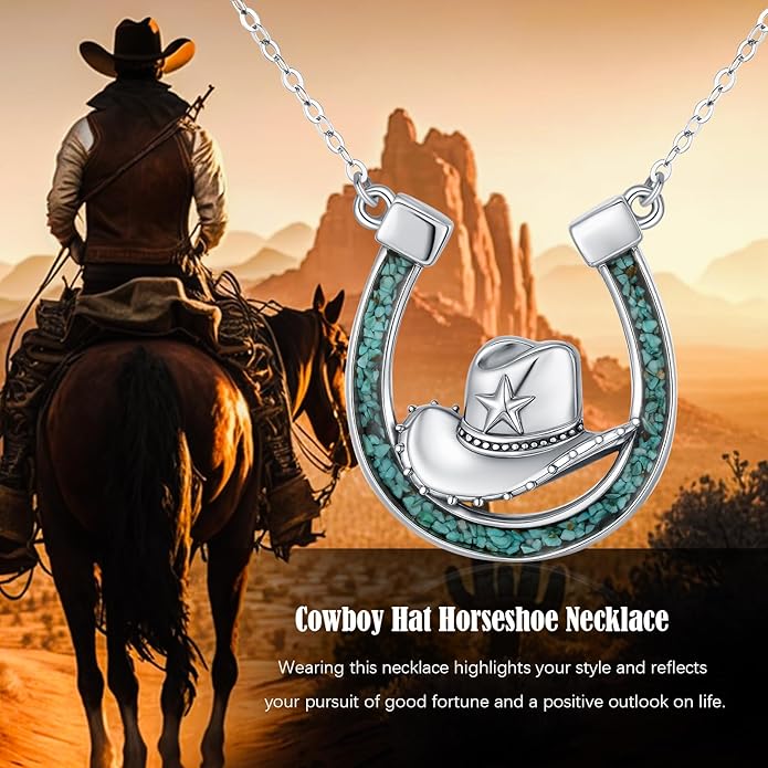 Midir&Etain Western Necklace 925 Sterling Silver Turquoise Pendant Cow Skull/Hat/Tag/Cactus Cowgirl Country Jewelry for Women Men