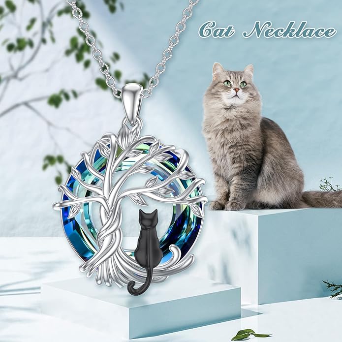 TOUPOP Cat Gifts for Cat Lovers Sterling Silver Cute Cat Tree of Life Pendant Necklace with Blue Circle Crystal Birthday Christmas Jewelry Gifts for Women