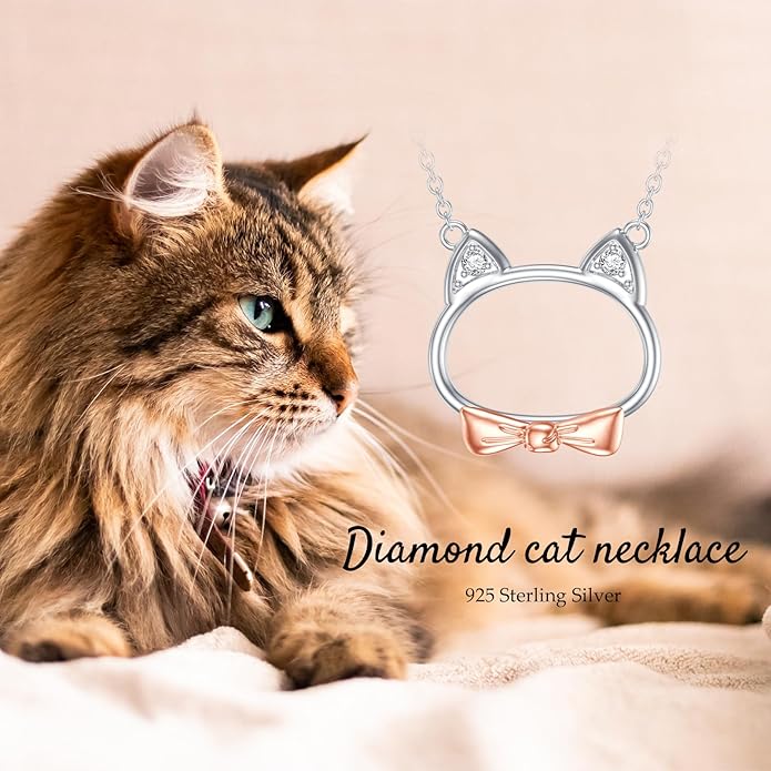 Sterling Silver Blue Topaz/Diamond Cat Pendant Necklace - Jewelry Gifts for Cat Lovers (18"+2")