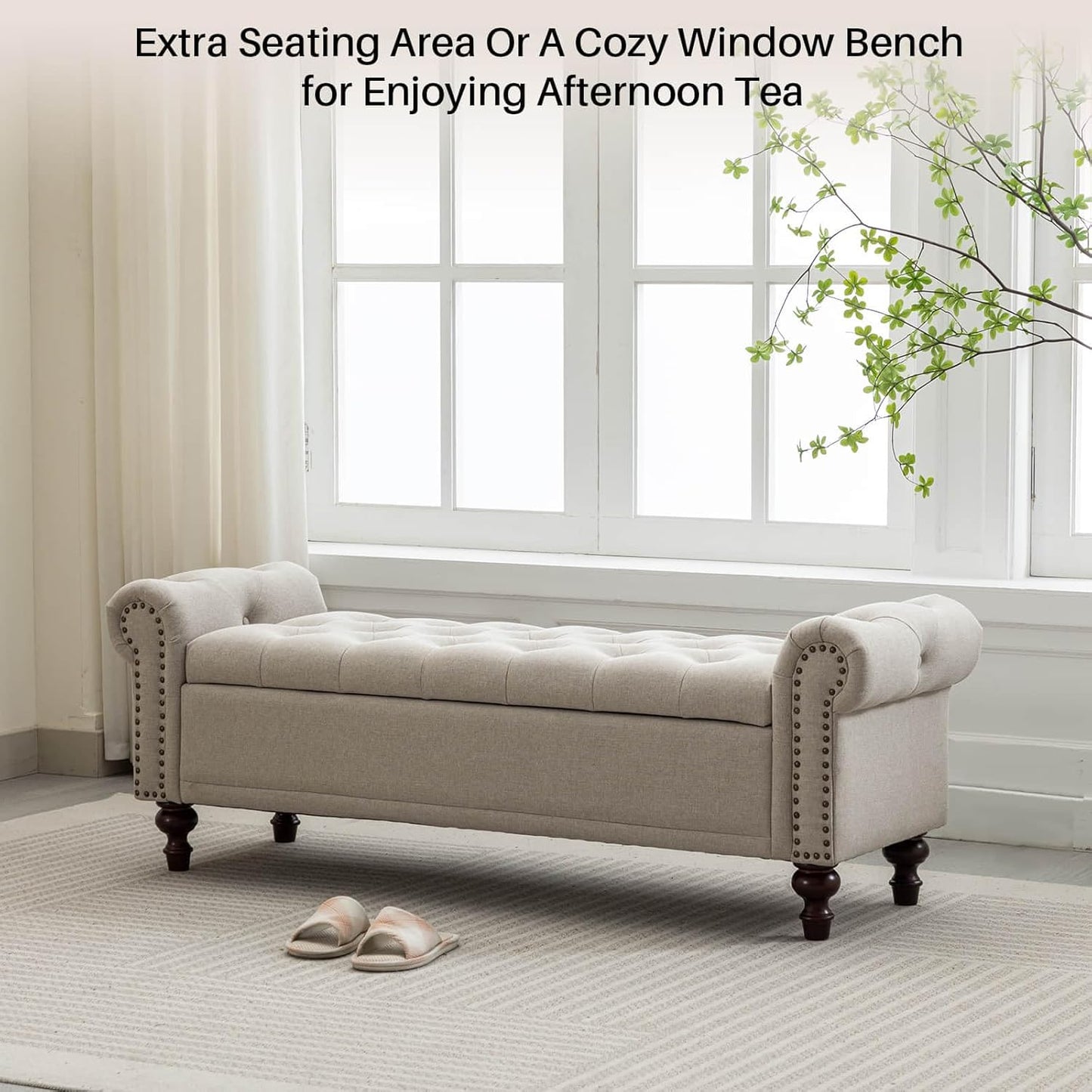 58.1'' Storage Bench Upholstered Linen End of Bedroom Bed Bench Ottoman with Tufted Cushioned Rolled Arm Large Storage Space for Reading Living Room Entryway, Light Brown