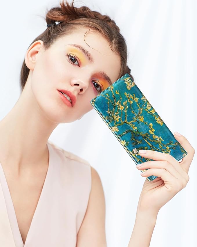 Nipichsha Womens Wallet, RFID Slim Wallets for Women, Thin Ladies Credit Card Holder Purse, Cute Leather Bifold Clutch Billfold with 11 Card Slots & ID Window, Van Gogh Almond Tree