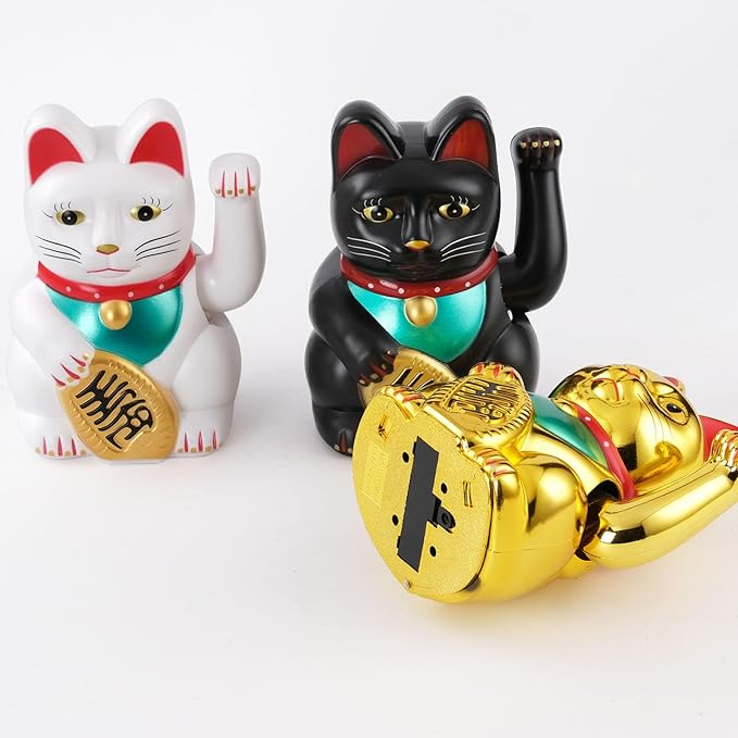 Gold/Black/White Maneki Neko Lucky Cat,Fengshui Cat- Waving Arm Battery Operated for Fortune Money and Good Luck (Gold, 7 in)