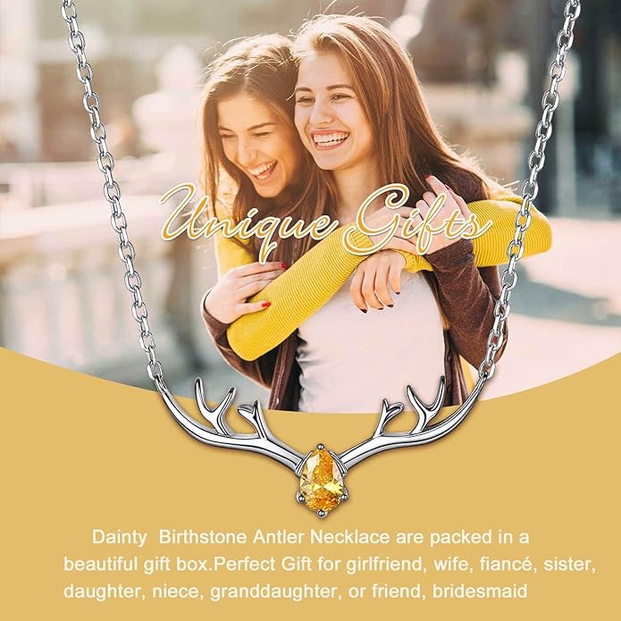 SILVERCUTE Sterling Silver Birthstone Necklaces for Women, Xmas Antler Deer Pendant Necklace with Colorful Cubic Zirconia,16-18 inches