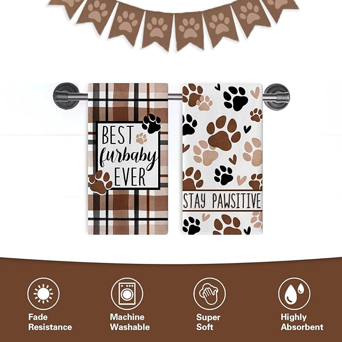 Dog Cat Paw Print Kitchen Dish Towels Set of 2, Best Furbaby Ever Drying Hand Towels Stay Pawsitive Baking Cooking Cloth, Plaid Farmhouse Home Kitchen Decoration Pet Lover Gifts 18 x 26 Inch