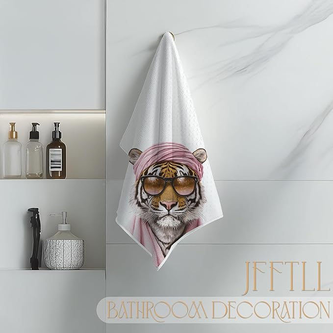 Trendy Sunglasses Tiger Bathroom Hand Towels, Preppy Pink Bathrobe Tiger Hand Towels for Bathroom Washroom Restroom Decor, 16x24 Inch