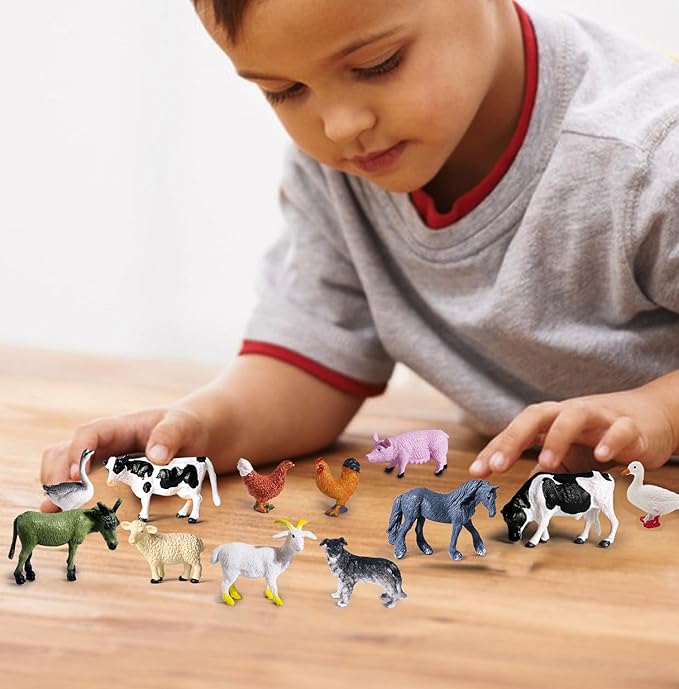 SIENON 12Pcs Mini Farm Animal Figurines, Plastic Realistic Cattle Barn Figures Toys, Miniature Farm Cake Topper Educational Learning Playset for Kids Toddlers