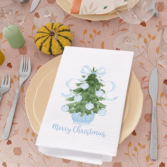 SPBL&L Light Blue Chinoiserie Christmas Kitchen Towels, Light Blue Bow Christmas Hand Towels for Bathroom, Chinoiserie Decor,Merry Christmas Dish Towels, Christmas Kitchen Bathroom Decor, 16x24 Inch
