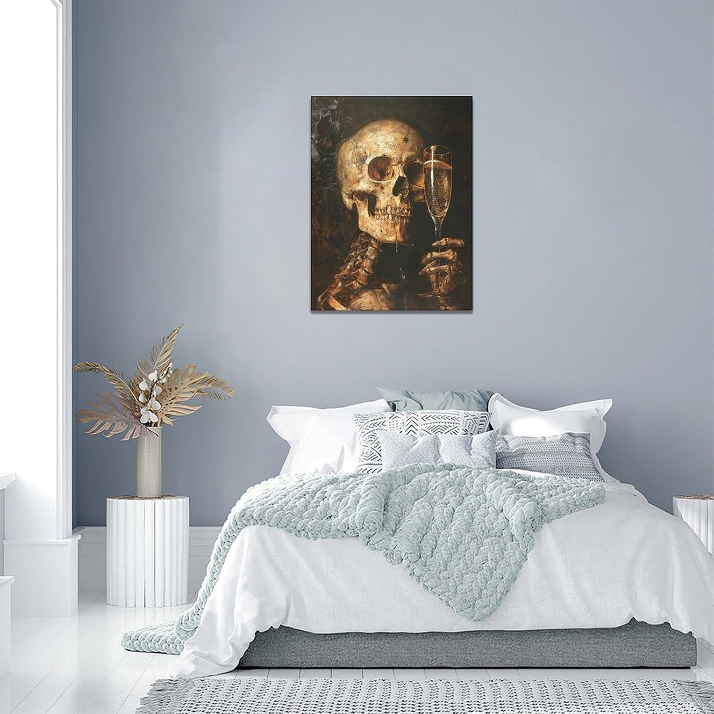 Quorin Gothic Skeleton Wall Art Goth Skull Champagne Wall Decor Dark Academia Pictures Horror Canvas Print Painting Artwork for Bathroom Living Room Bedroom 12"x16"