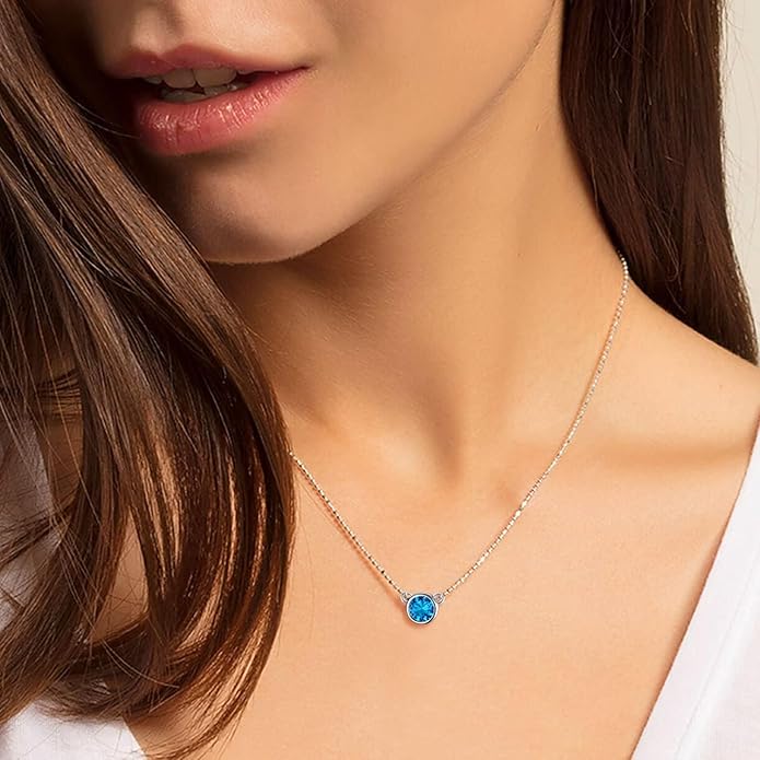 SILVERCUTE Sterling Silver Birthstone Necklace for Women,Dainty Silver Pendant Necklace with Round Cubic Zirconia,16"-18"