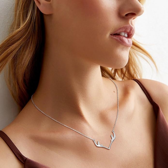 Silvora 925 Sterling Silver Deer Antler Necklace, Antler Deer Jewelry Antler Pendant Choker Birthstone Necklace Christmas Jewelry for Women