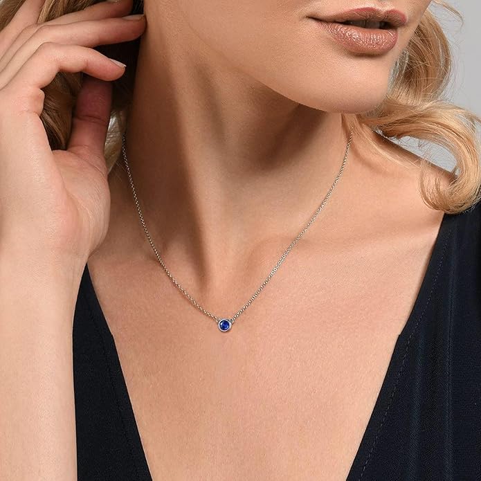 SILVERCUTE Sterling Silver Birthstone Necklace for Women,Dainty Silver Pendant Necklace with Round Cubic Zirconia,16"-18"