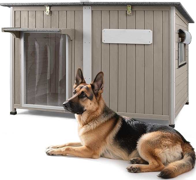 Large Dog House Outdoor XL Wooden Dog House with Weatherproof Asphalt Roof, Chew-Resistant Frame, Removable Floor, for Medium to Large Dogs Indoor Outdoor Use (Grey, 55.1"L x 33.1"W x 34.8"H)