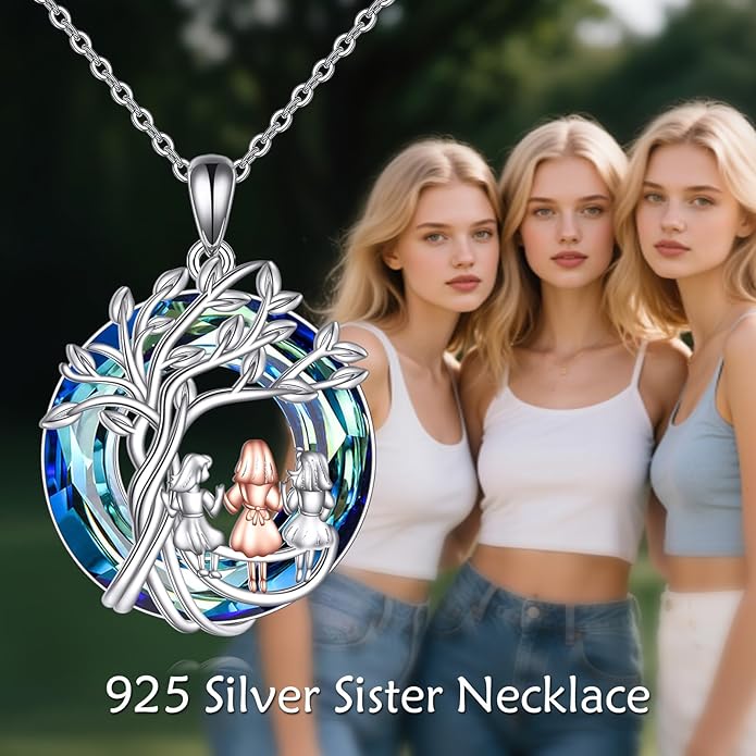 Tree of Life Necklace Sterling Silver Sister Pendant Blue Crystal Jewelry Gift for Women