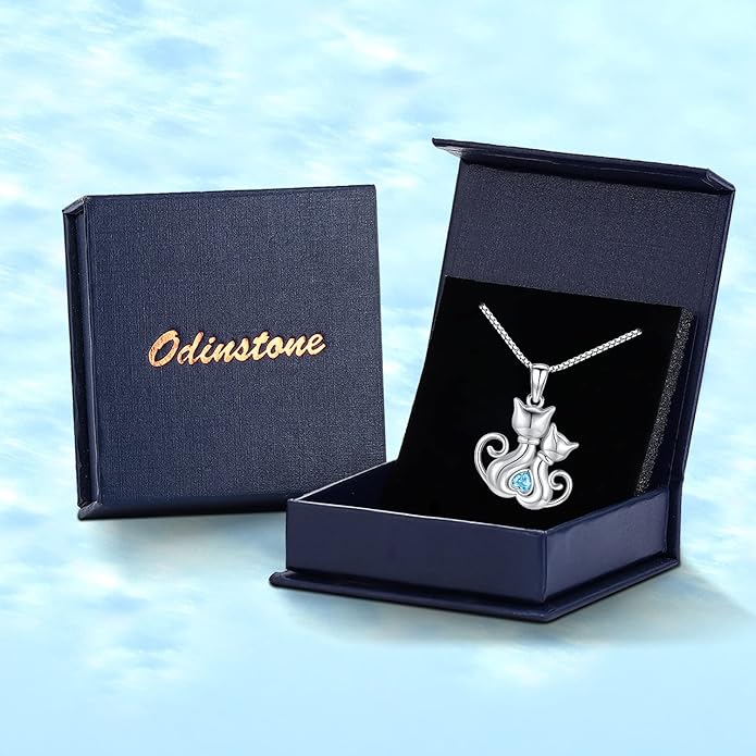 Odinstone Cat Necklace, S925 Sterling Silver Cat on Moon Pendant with Cubic Zirconia, Cat Jewelry Mothers Day Gifts for Mum with Gift Package - I Love You Forever