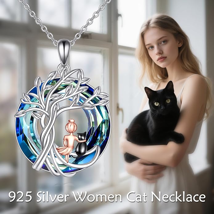 Tree of Life Necklace Sterling Silver Sister Pendant Blue Crystal Jewelry Gift for Women