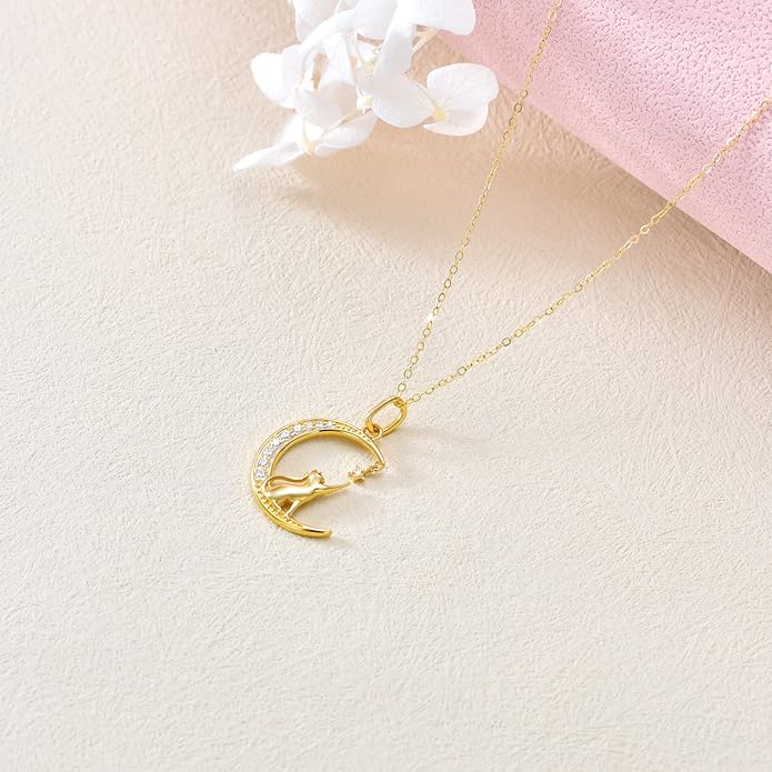 SISGEM 14K Real Gold Moon Cat Necklace for Women, Delicate Gold Cat Star Crescent Moon Pendant Anniversary Jewelry Gift for Her,Wife, Mom 18"