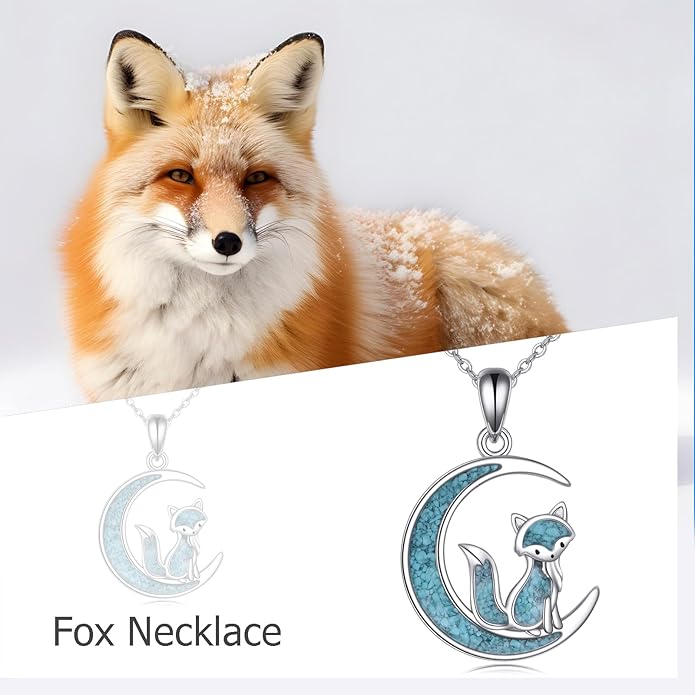 Turquoise Animal Necklace 925 Sterling Silver Cat/Fox/Owl Moon Pendant Jewelry Gift for Women