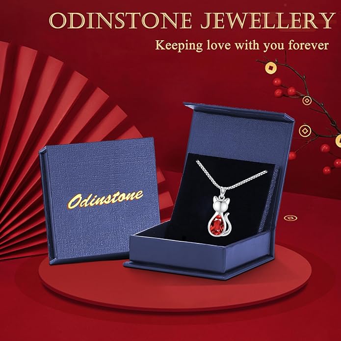 Odinstone Cat Birthstone Necklaces Jewelry Sterling Silver Cat Pendant Necklace Gift for Women Gifts, 18'' Silver Box Chain Women's Birthstone Crystal Cat Jewelry Gifts
