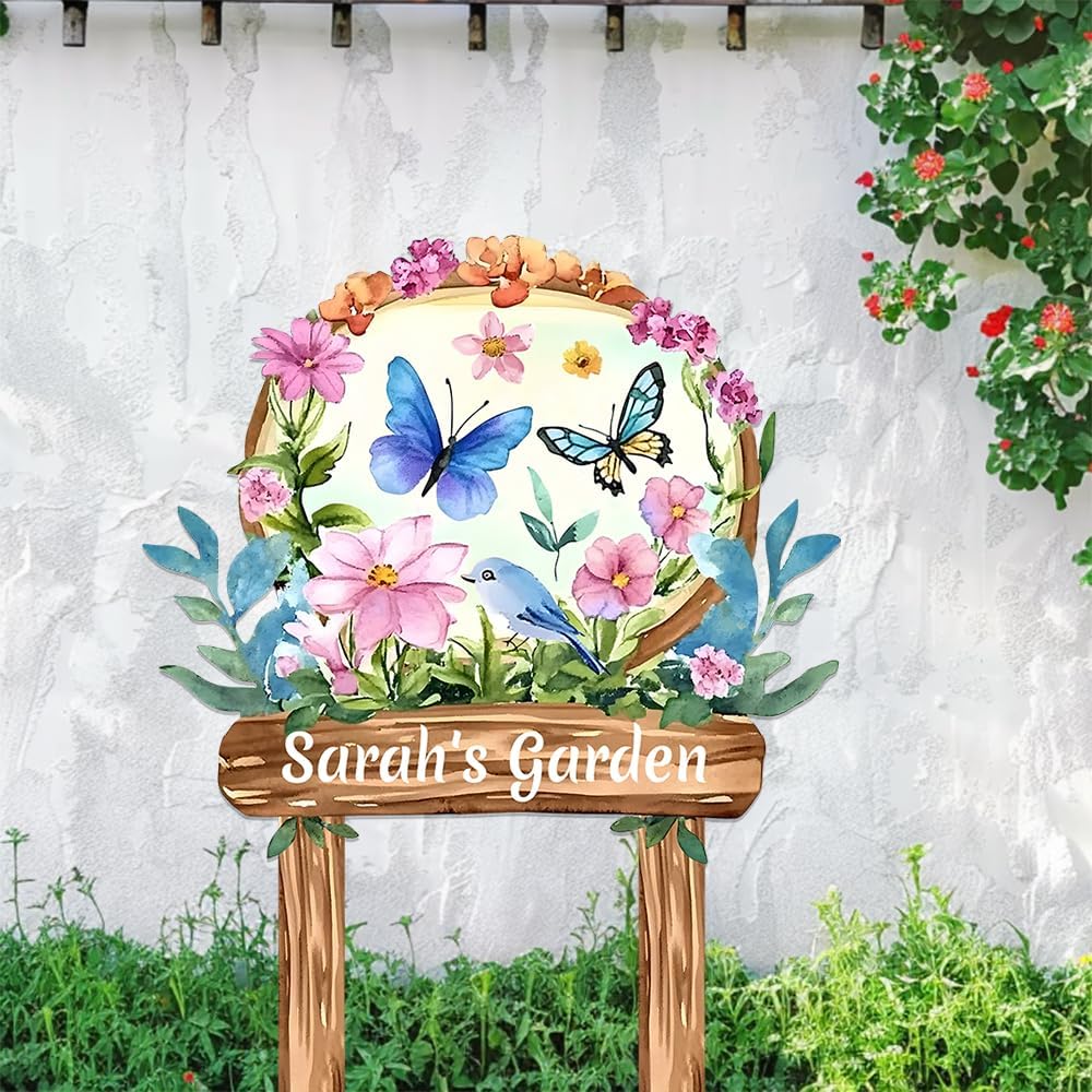 Personalized Watercolor Garden Metal Sign with Stake,Custom Gardener Last Name Signs Outdoor Decor,Customized Birds Gardening Gifts for Mom,Butterfly Flowers Plaques for Patio Lawn Porch Yard Garage
