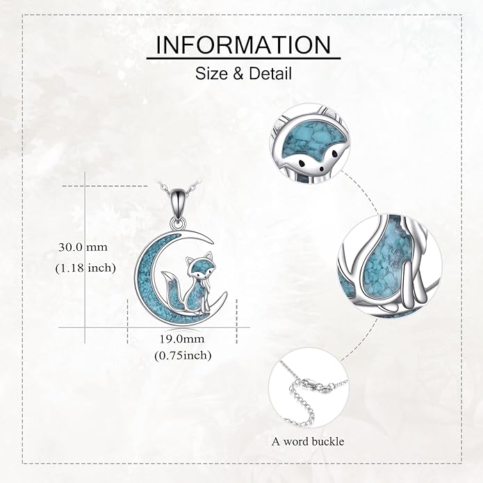 Turquoise Animal Necklace 925 Sterling Silver Cat/Fox/Owl Moon Pendant Jewelry Gift for Women