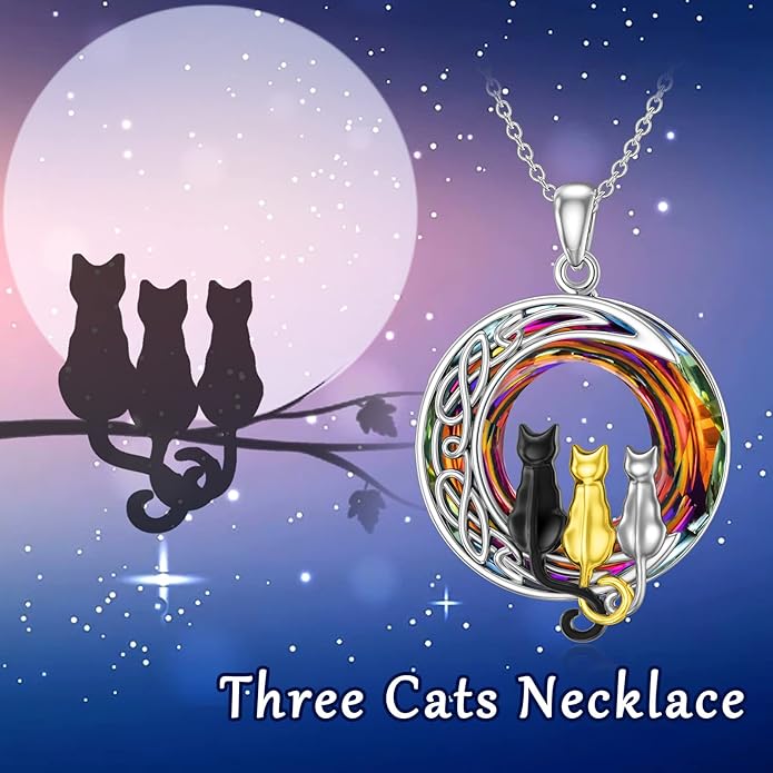 TOUPOP Cat Gifts for Cat Lovers 1 2 3 Cats Necklace Sterling Silver Cat on the Moon Pendant Necklace with Blue Circle Crystal Birthday Christmas Celtic Jewelry Gifts for Women