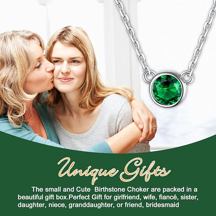 SILVERCUTE Sterling Silver Birthstone Necklace for Women,Dainty Silver Pendant Necklace with Round Cubic Zirconia,16"-18"