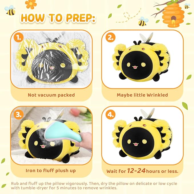 Cute Black Axolotl Bee Plush, Kawaii Plushies Honeybee Stuffed Toy, Axolotl Plushie with Bee Outfit Costume, Animal Hugging Cuddly Pillow, Soft Squishy Gifts for Girls Kids(8 Inch)