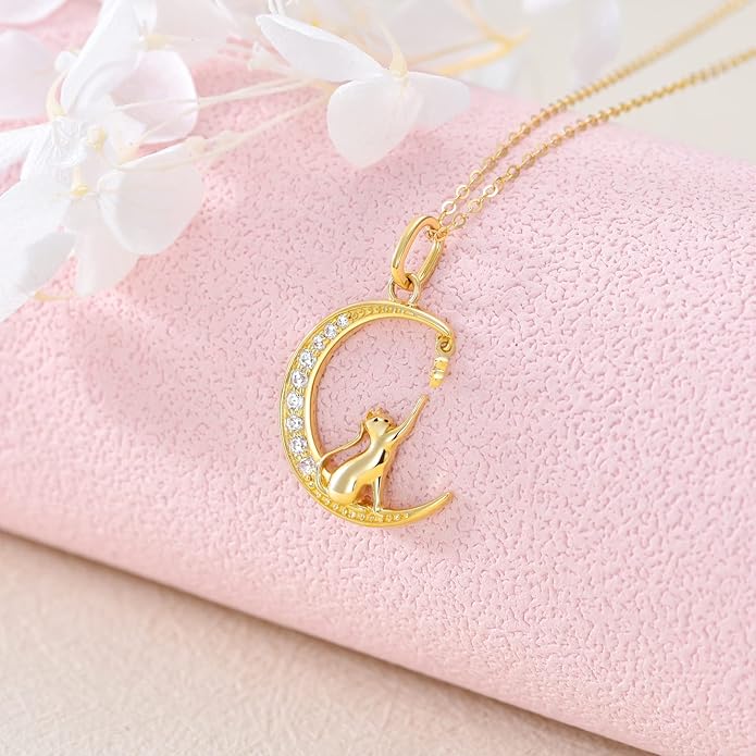 SISGEM 14K Real Gold Moon Cat Necklace for Women, Delicate Gold Cat Star Crescent Moon Pendant Anniversary Jewelry Gift for Her,Wife, Mom 18"