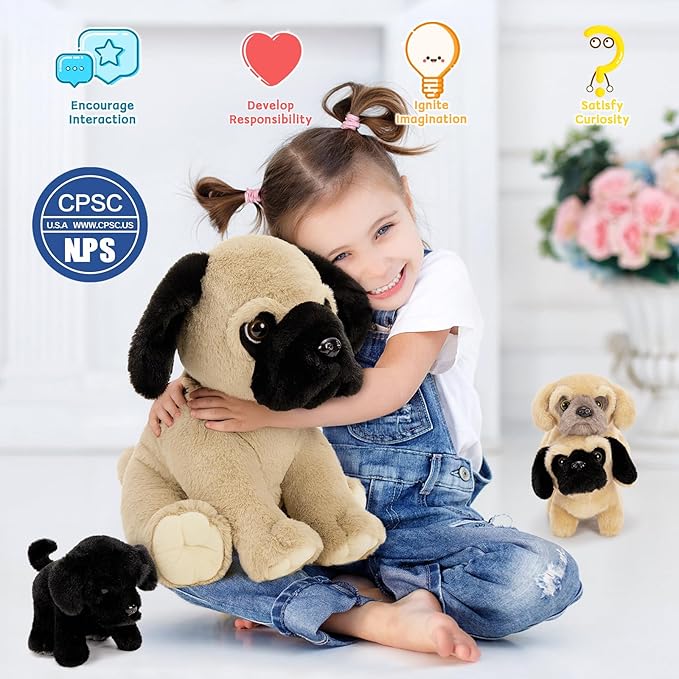 MorisMos Pug Dog Stuffed Animal with Babies,18'' Large Mommy Dog Push with Baby Puppy Toys for Kids,4Pcs Realistic Bulldog Toys for Girl Boy, Stuffed Pug Toy Gift for Birthday Christmas