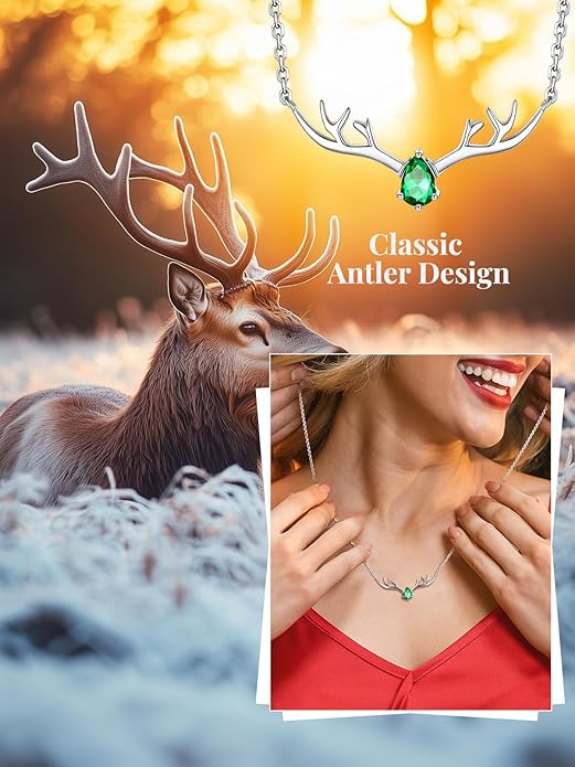 Silvora 925 Sterling Silver Deer Antler Necklace, Antler Deer Jewelry Antler Pendant Choker Birthstone Necklace Christmas Jewelry for Women