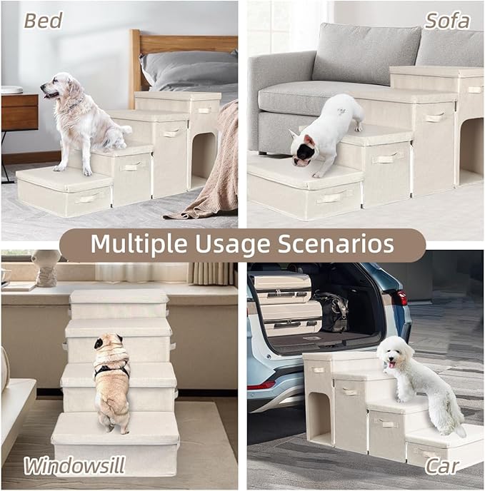 Dog Stairs with Storage, Folding Pet Steps with Zip for Small Dogs and Cats, 4-Step Pet Stairs with Pet House for High Bed, Couch and Car Ramp, Up to 200 Lbs (Beige, 4 Steps with Condo)