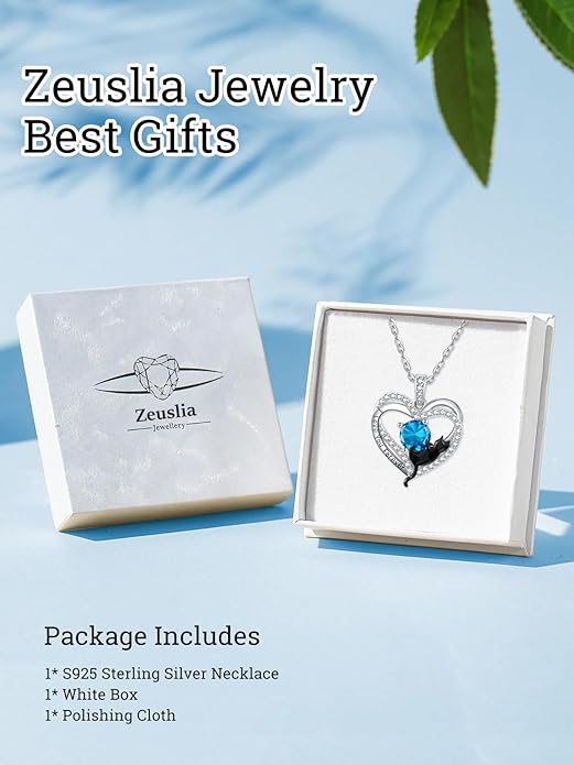 Birthstone Cat Necklaces,925 Sterling Silver Cat Necklace Heart Pendant for Women,Dainty Animal Jewelry for Her,Wedding Anniversary Birthday Gifts for Women Mom Grandma